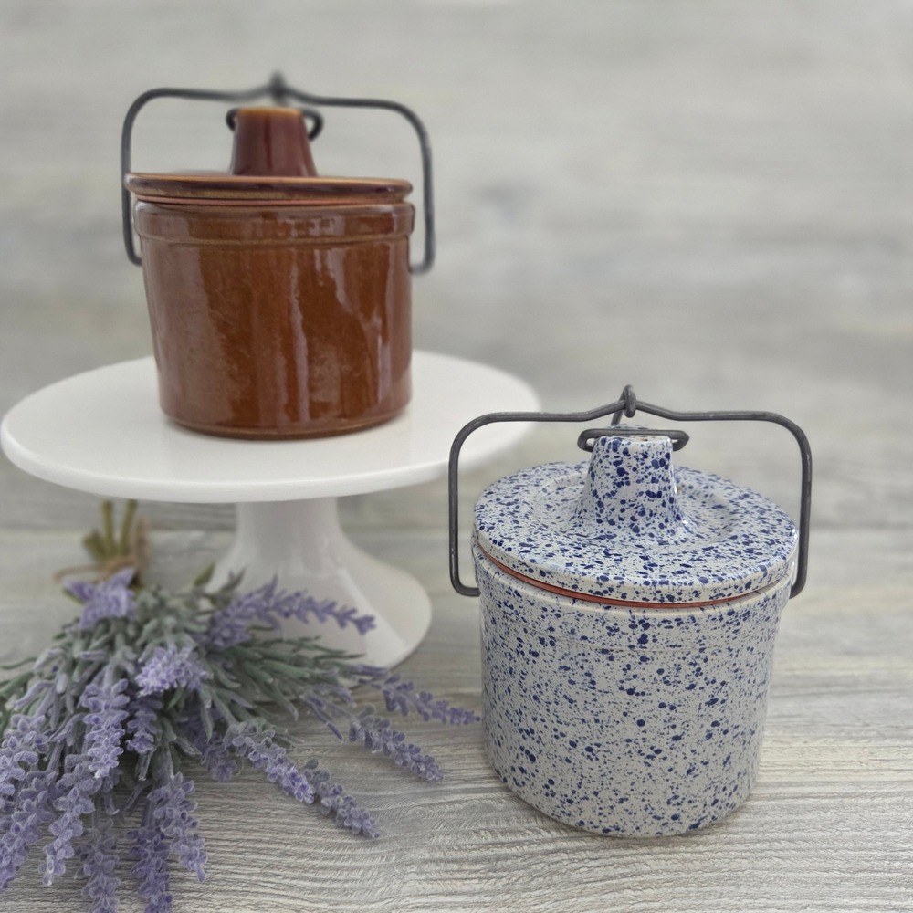 Mini Stoneware Crocks Brown and Blue Spatterware Farmhouse Set of 2